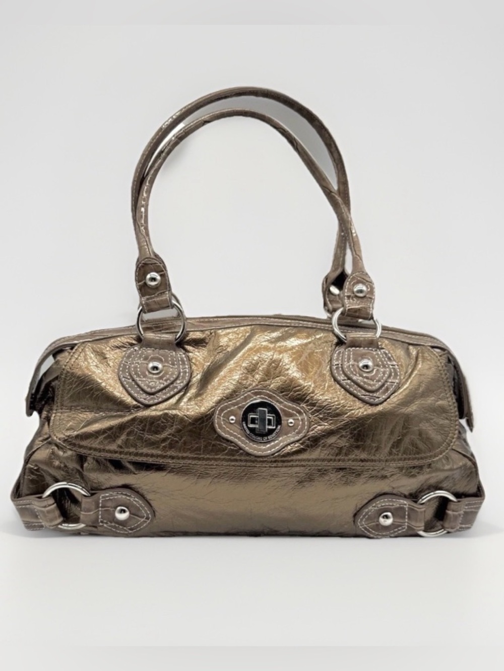 Vintage Benetton Bronze Metallic Patent Croc Y2K Glam Satchel Bag